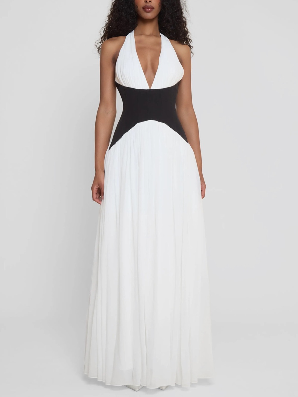 Halter Maxi Dress in White with Black Waist Panel